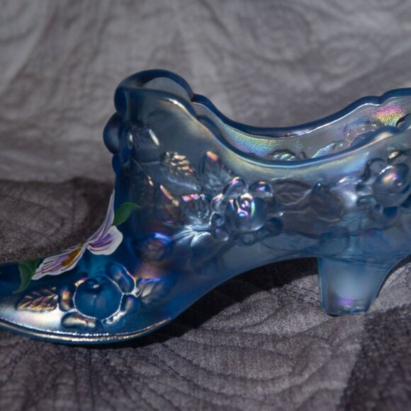 Signed Hand Painted Fenton Blue Carnival Glass Boot - Picture 4 of 5